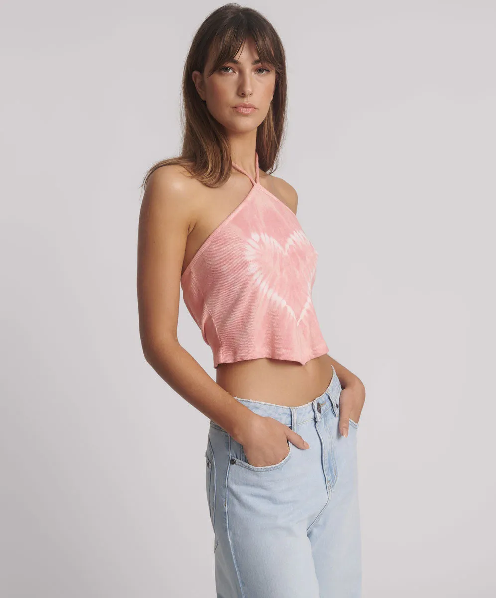 Tie Dye Heart Cropped Halter Neck Top - Pink