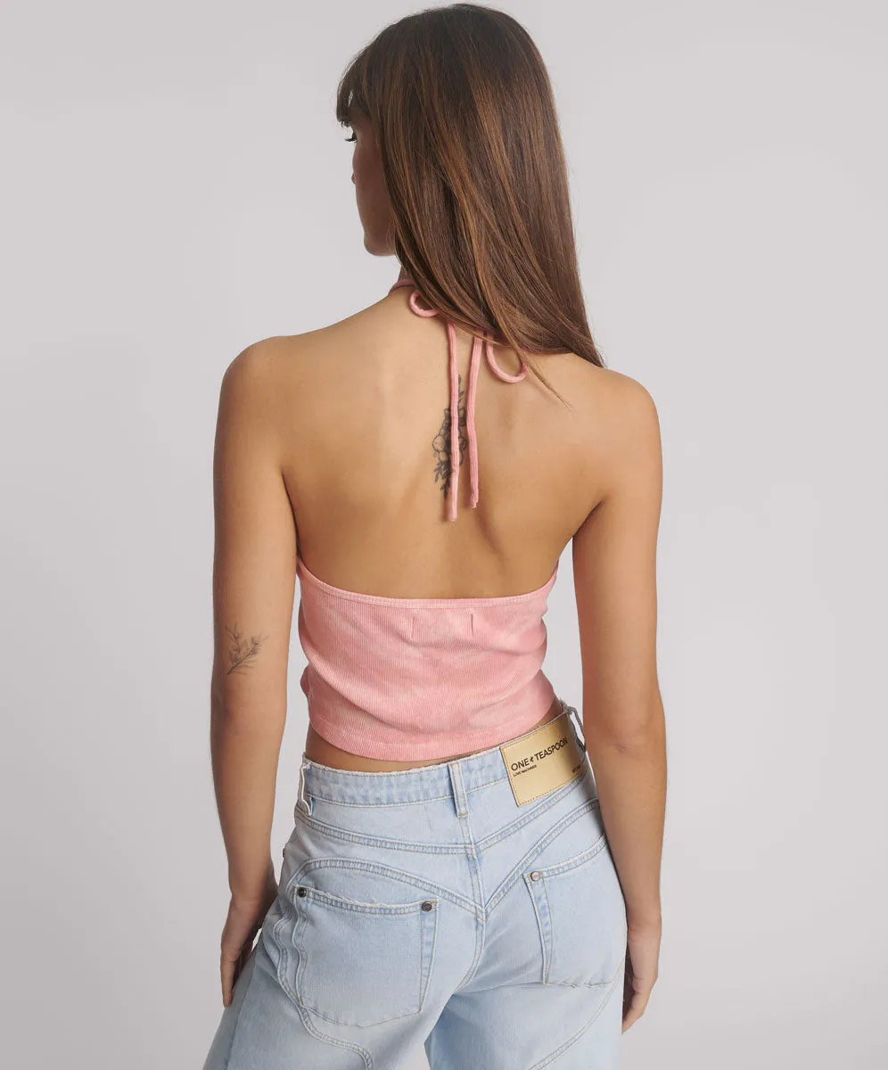 Tie Dye Heart Cropped Halter Neck Top - Pink
