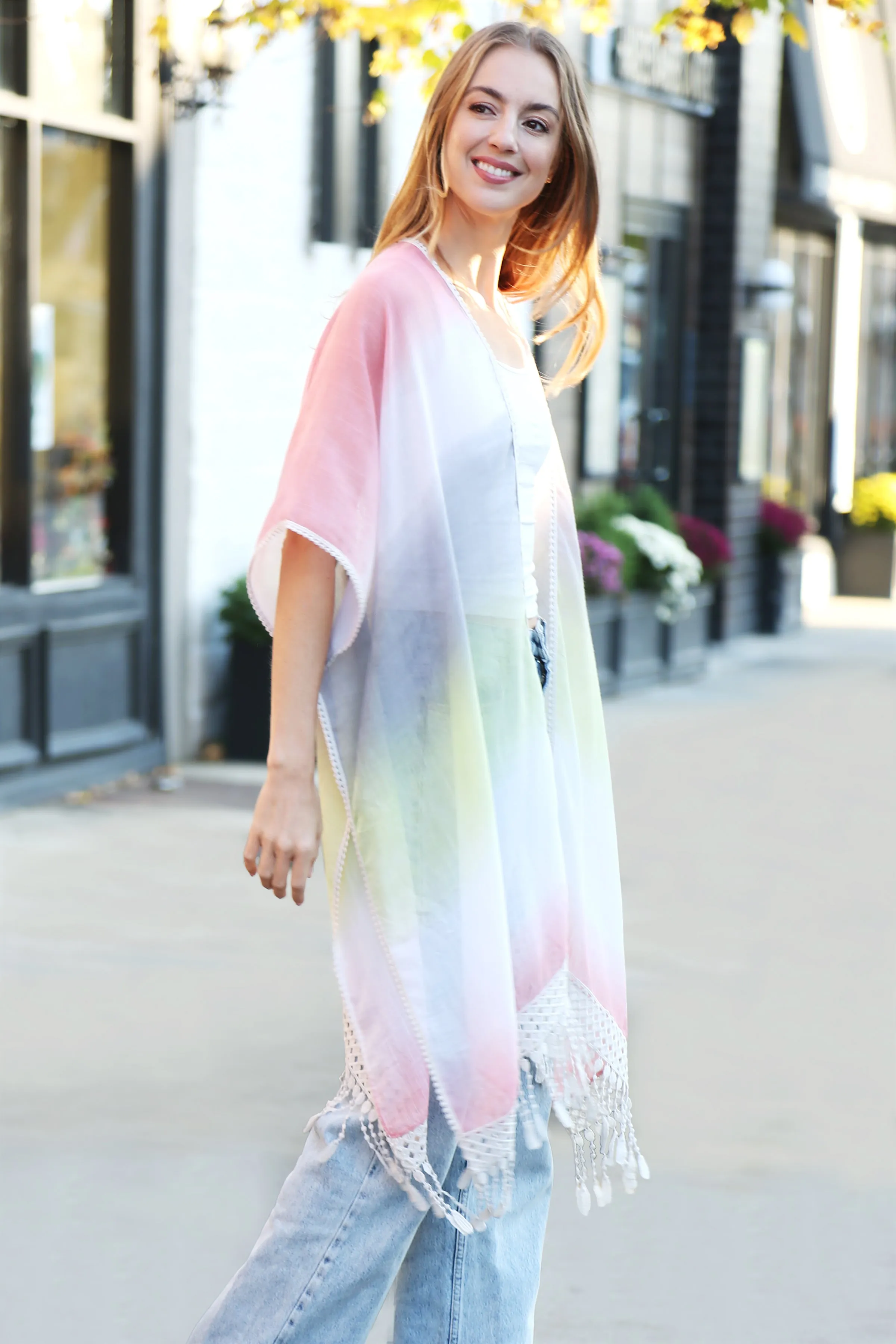 Tie-Dye Print Long Kimono W/ Crocheted Detailing Tassels