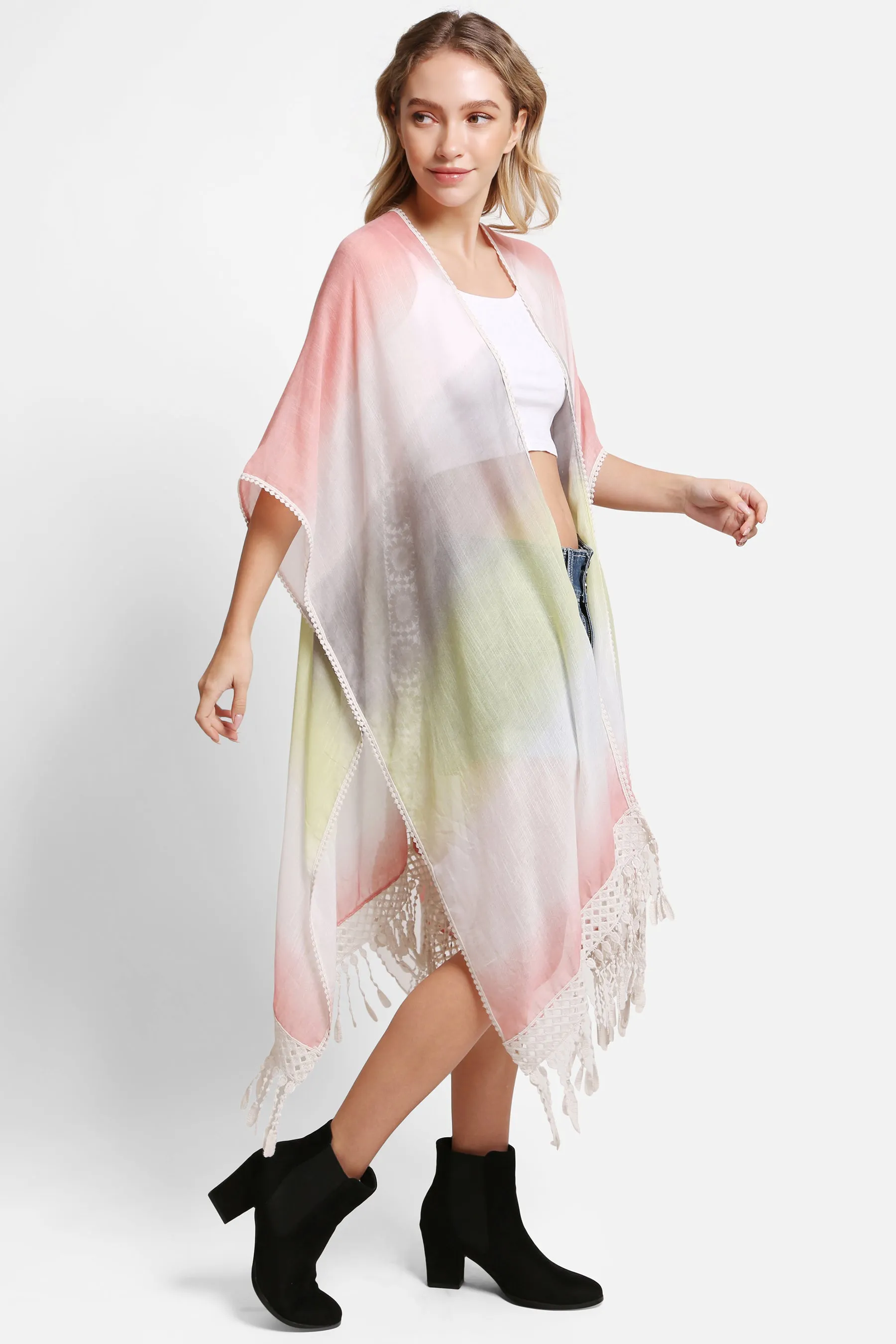 Tie-Dye Print Long Kimono W/ Crocheted Detailing Tassels