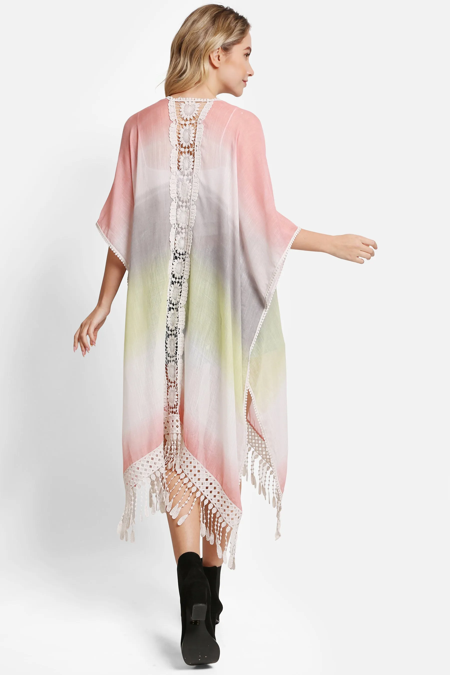 Tie-Dye Print Long Kimono W/ Crocheted Detailing Tassels