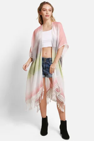 Tie-Dye Print Long Kimono W/ Crocheted Detailing Tassels