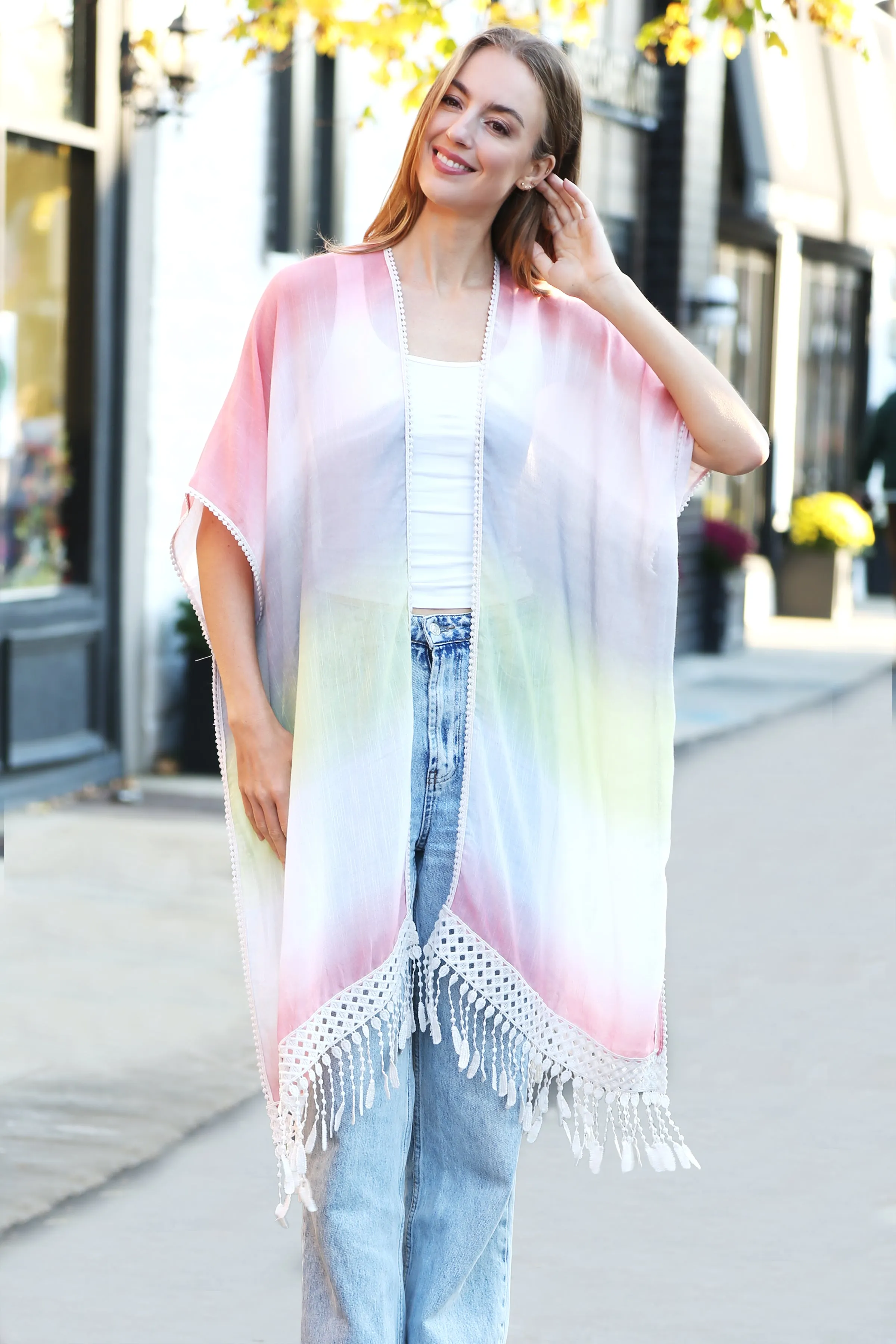 Tie-Dye Print Long Kimono W/ Crocheted Detailing Tassels