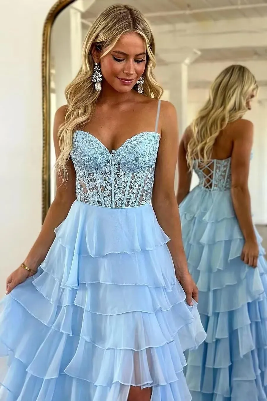 Tiered Prom Dress Lace Applique Corset Spaghetti Straps Ruffle Chiffon Formal Evening Gowns with Slit