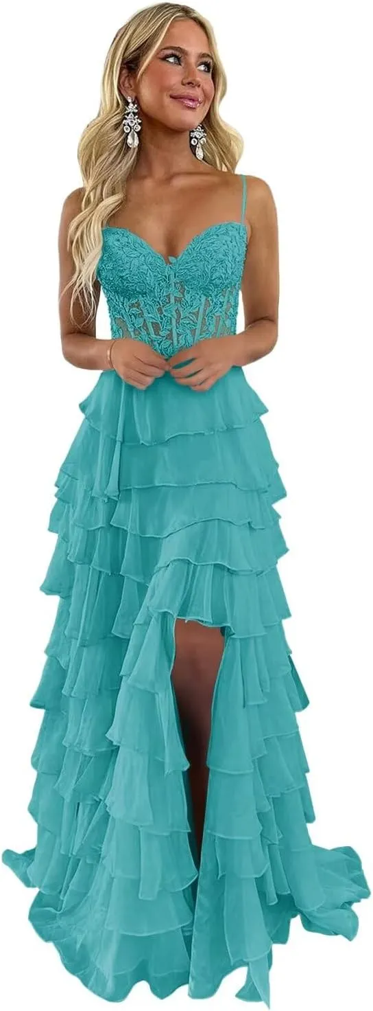 Tiered Prom Dress Lace Applique Corset Spaghetti Straps Ruffle Chiffon Formal Evening Gowns with Slit