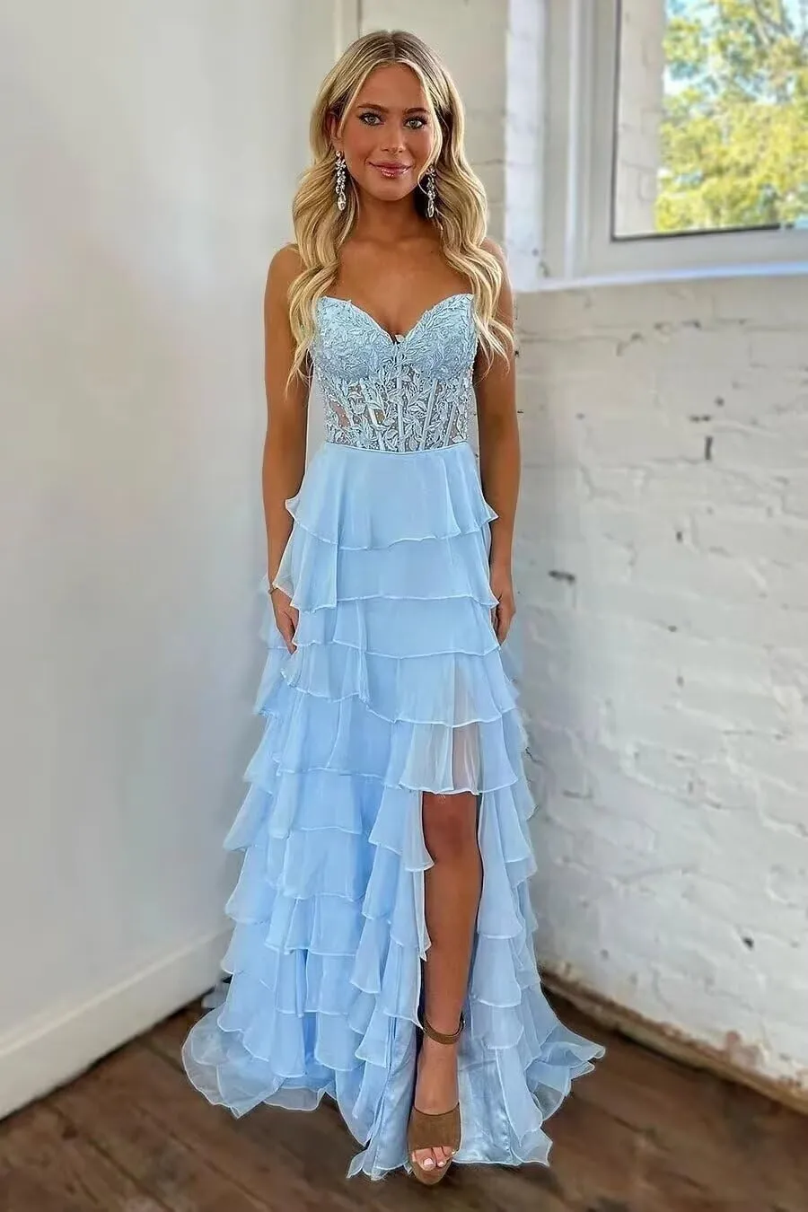 Tiered Prom Dress Lace Applique Corset Spaghetti Straps Ruffle Chiffon Formal Evening Gowns with Slit