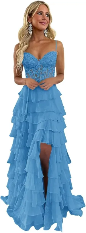 Tiered Prom Dress Lace Applique Corset Spaghetti Straps Ruffle Chiffon Formal Evening Gowns with Slit