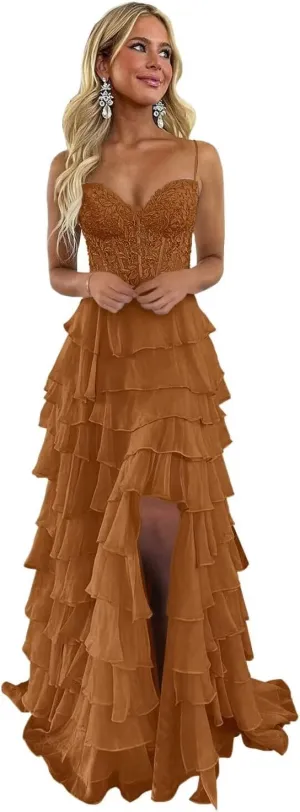 Tiered Prom Dress Lace Applique Corset Spaghetti Straps Ruffle Chiffon Formal Evening Gowns with Slit