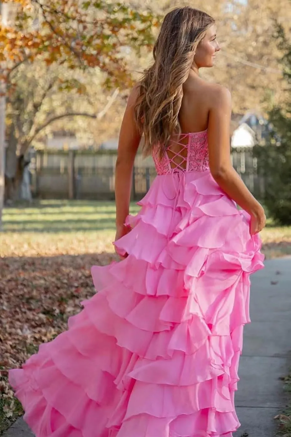 Tiered Prom Dress Lace Applique Corset Spaghetti Straps Ruffle Chiffon Formal Evening Gowns with Slit