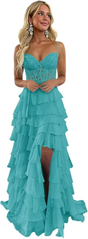 Tiered Prom Dress Lace Applique Corset Spaghetti Straps Ruffle Chiffon Formal Evening Gowns with Slit