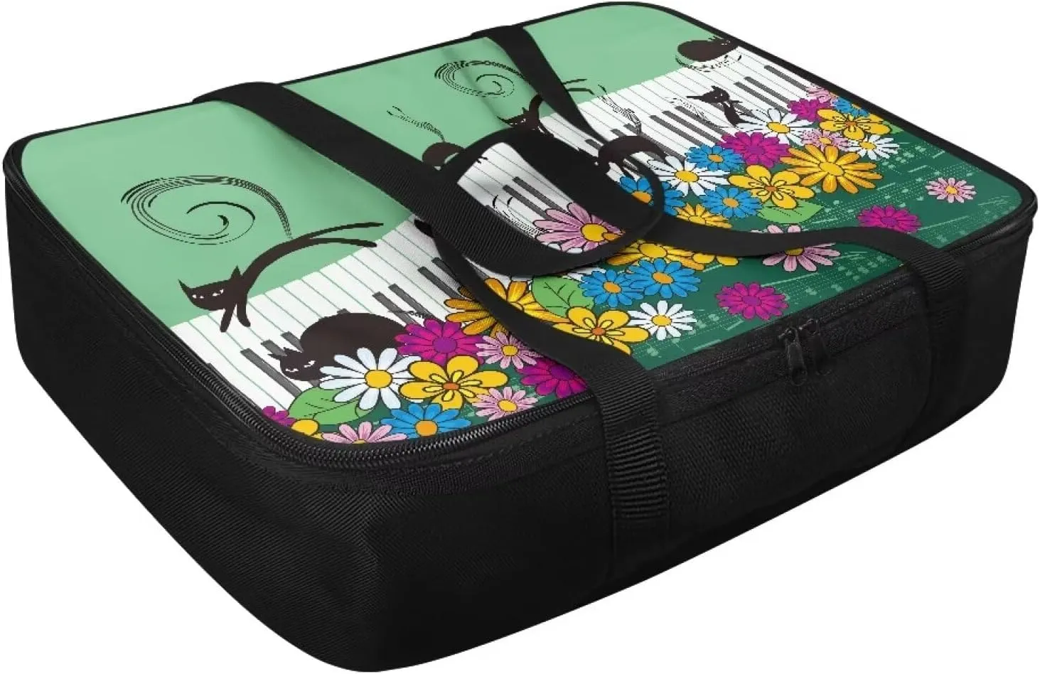 TODIYADDU Cat Daisy Floral Casserole Carrier for Women Piano Keyboard Food Warmer Container with Carrying Strap Trendy Food Carrying Bag for Picnic Potluck Party Portable Lasagna Holder Lunch Bag