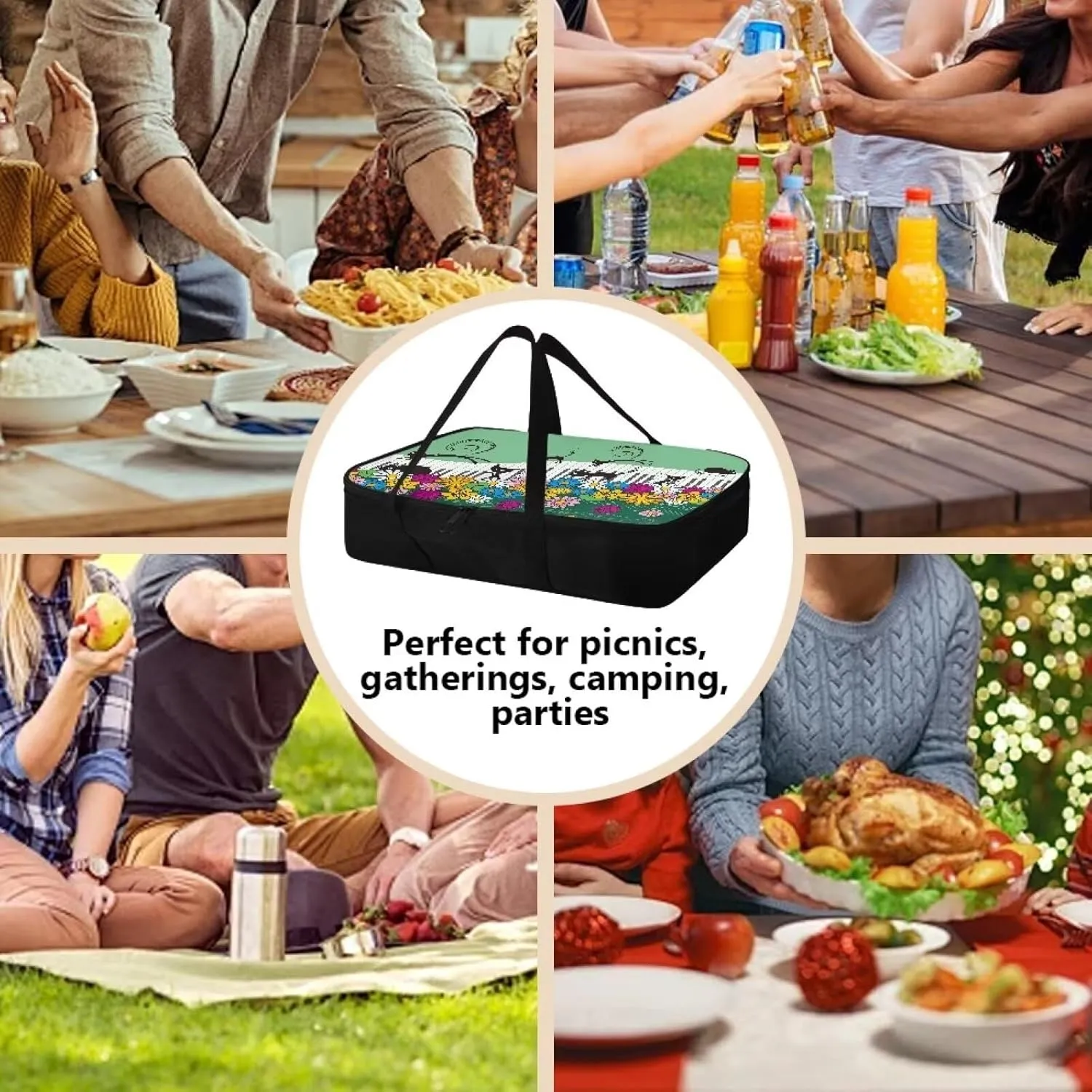 TODIYADDU Cat Daisy Floral Casserole Carrier for Women Piano Keyboard Food Warmer Container with Carrying Strap Trendy Food Carrying Bag for Picnic Potluck Party Portable Lasagna Holder Lunch Bag