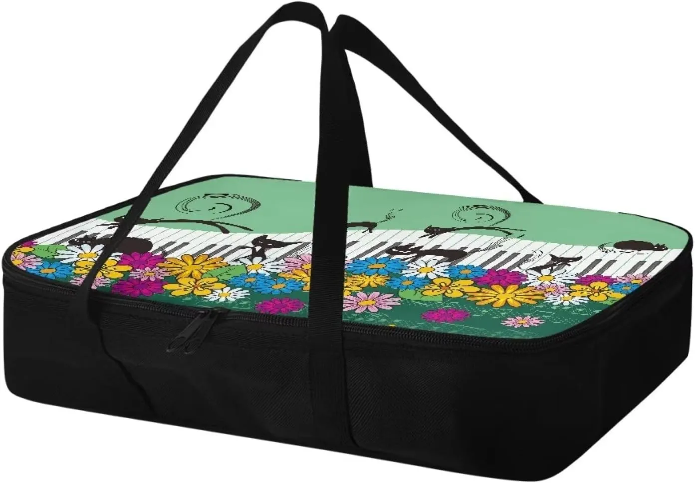 TODIYADDU Cat Daisy Floral Casserole Carrier for Women Piano Keyboard Food Warmer Container with Carrying Strap Trendy Food Carrying Bag for Picnic Potluck Party Portable Lasagna Holder Lunch Bag