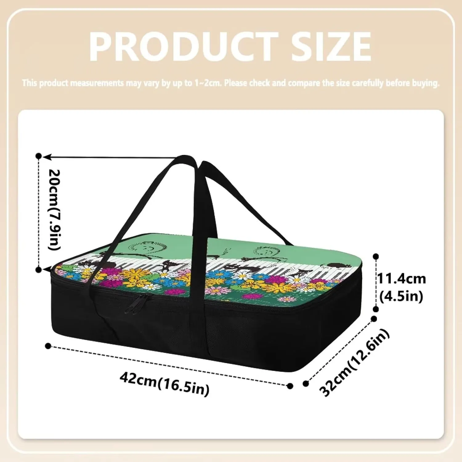TODIYADDU Cat Daisy Floral Casserole Carrier for Women Piano Keyboard Food Warmer Container with Carrying Strap Trendy Food Carrying Bag for Picnic Potluck Party Portable Lasagna Holder Lunch Bag
