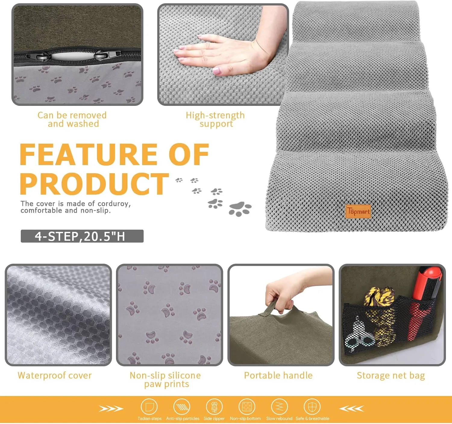 Topmart High Density Foam Dog Steps 4 Tiers,Extra Wide Deep Pet Steps,Non-Slip Pet Stairs,Dog Ramp for Bed,Soft Foam Dog Ladder,Best for Older Dogs Injured,Older Pets,Cats with Joint Pain
