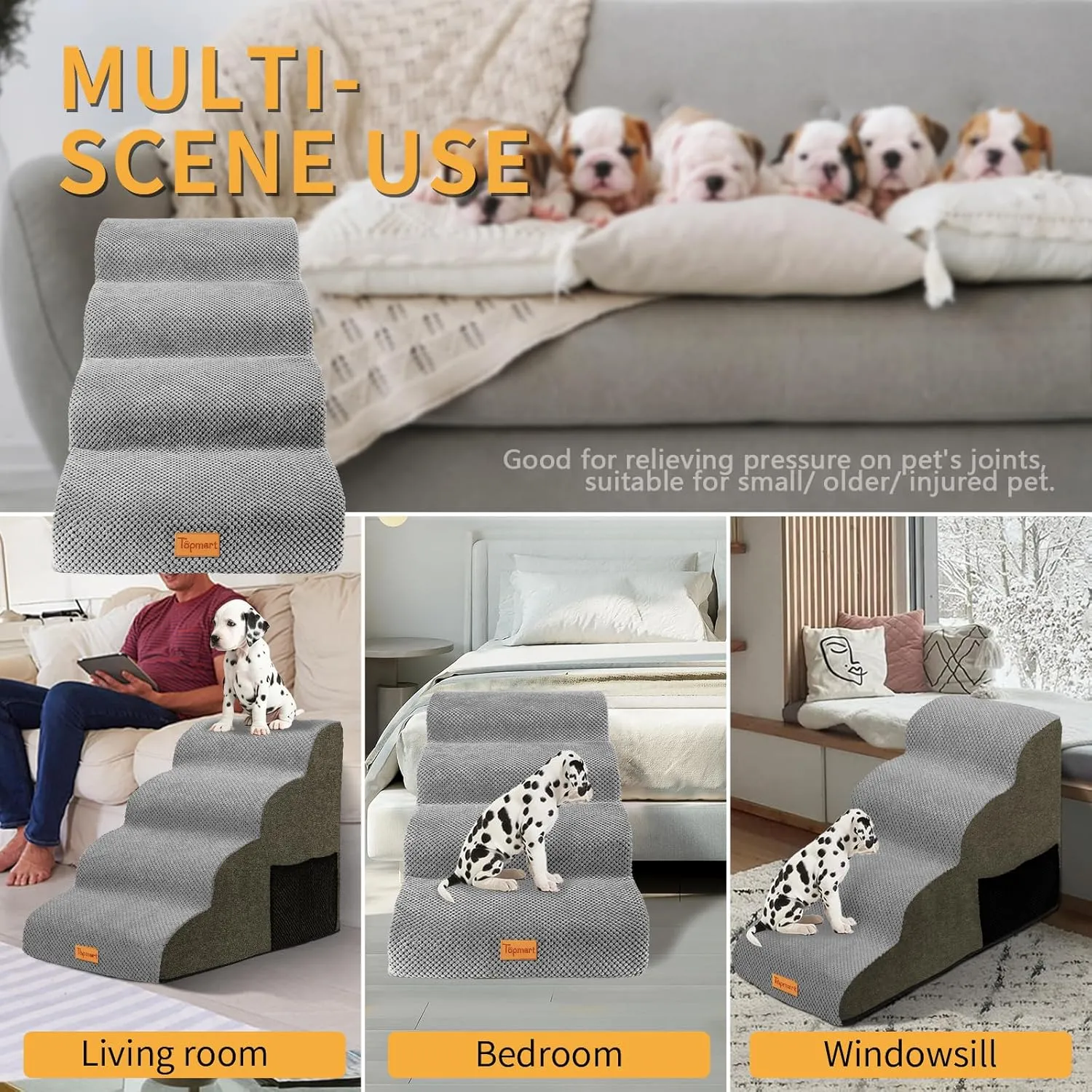 Topmart High Density Foam Dog Steps 4 Tiers,Extra Wide Deep Pet Steps,Non-Slip Pet Stairs,Dog Ramp for Bed,Soft Foam Dog Ladder,Best for Older Dogs Injured,Older Pets,Cats with Joint Pain