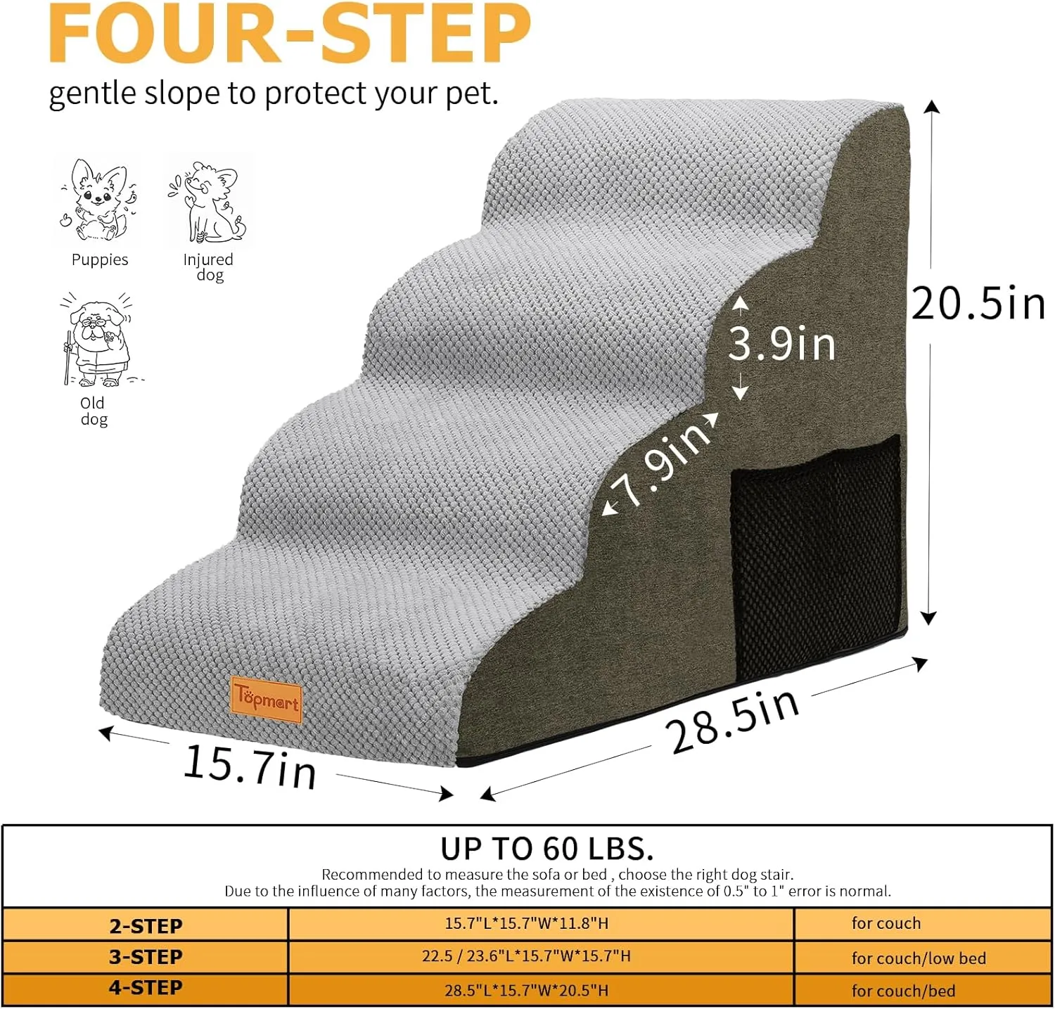Topmart High Density Foam Dog Steps 4 Tiers,Extra Wide Deep Pet Steps,Non-Slip Pet Stairs,Dog Ramp for Bed,Soft Foam Dog Ladder,Best for Older Dogs Injured,Older Pets,Cats with Joint Pain