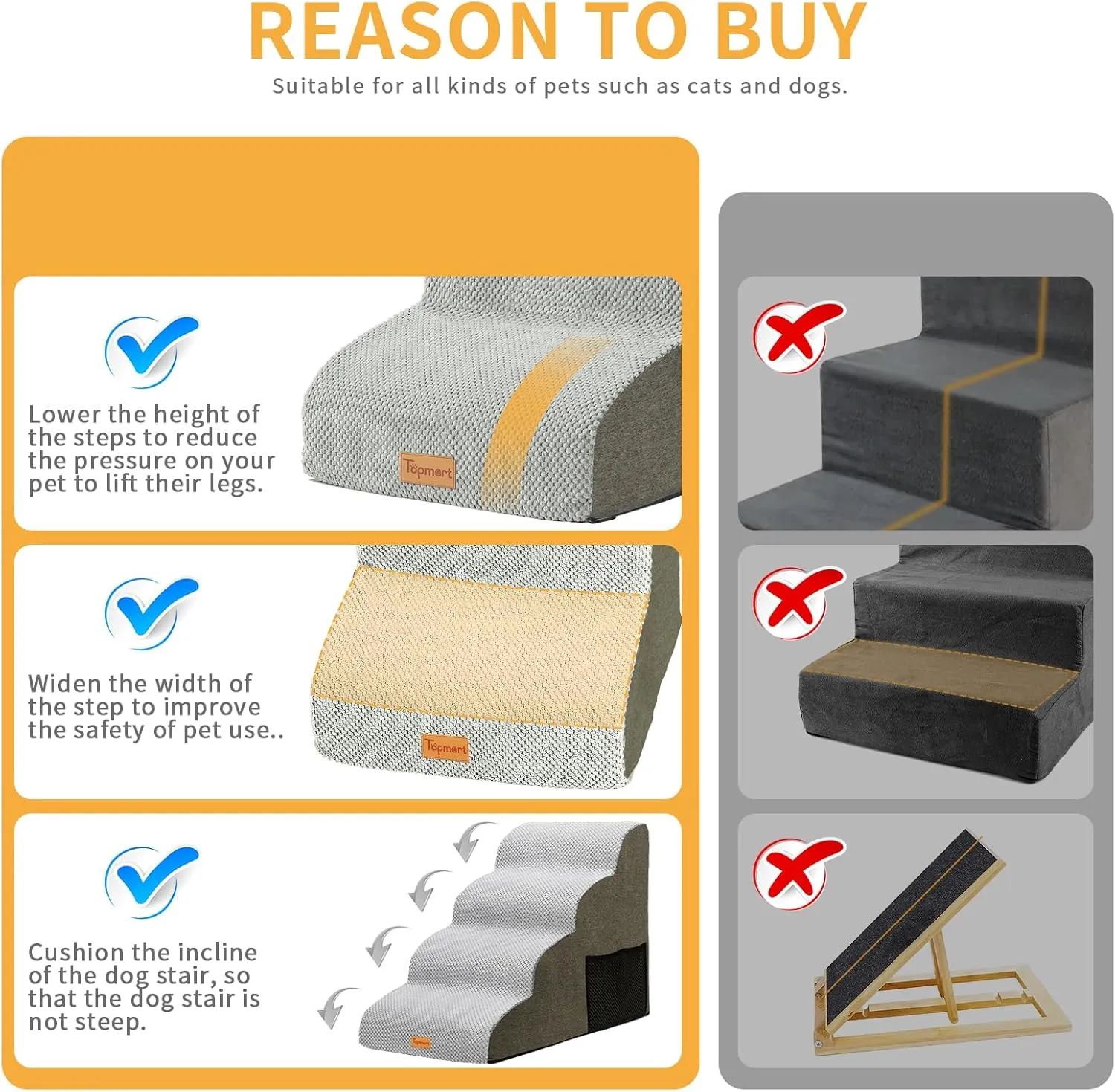 Topmart High Density Foam Dog Steps 4 Tiers,Extra Wide Deep Pet Steps,Non-Slip Pet Stairs,Dog Ramp for Bed,Soft Foam Dog Ladder,Best for Older Dogs Injured,Older Pets,Cats with Joint Pain