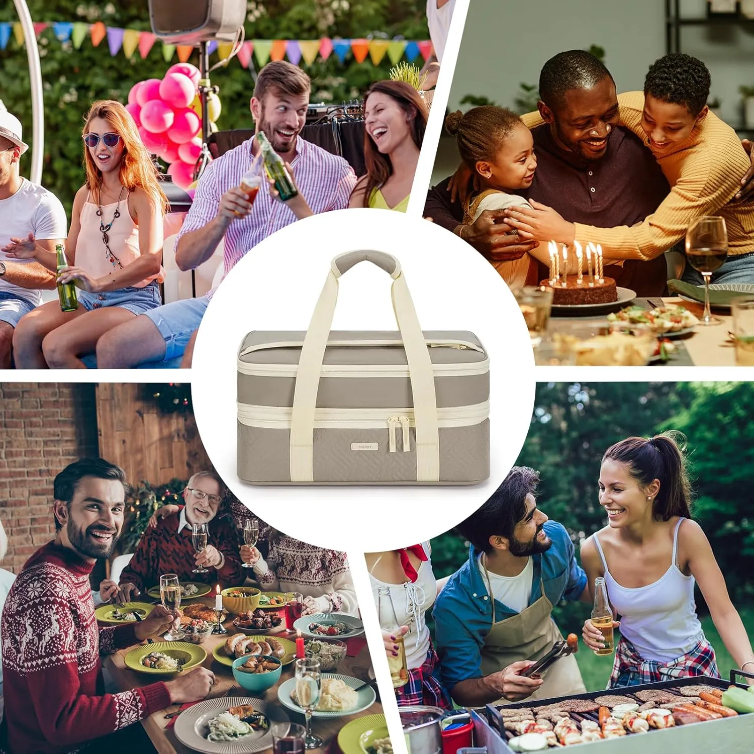 TOURIT Double Decker Insulated Casserole Carrier for Hot or Cold Food Expandable Thermal Food Carrier for Picnic Cookouts Potluck Parties Fits 9" x 13" Baking Dish