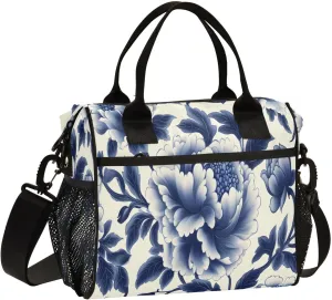 Traditional Chinese Blue White Porcelain Floral01 Large Lunch Box for Men Women Adults Insulated Lunch Bag Cooler Bag with Adjustable Shoulder Strap for Work Picnic Travel