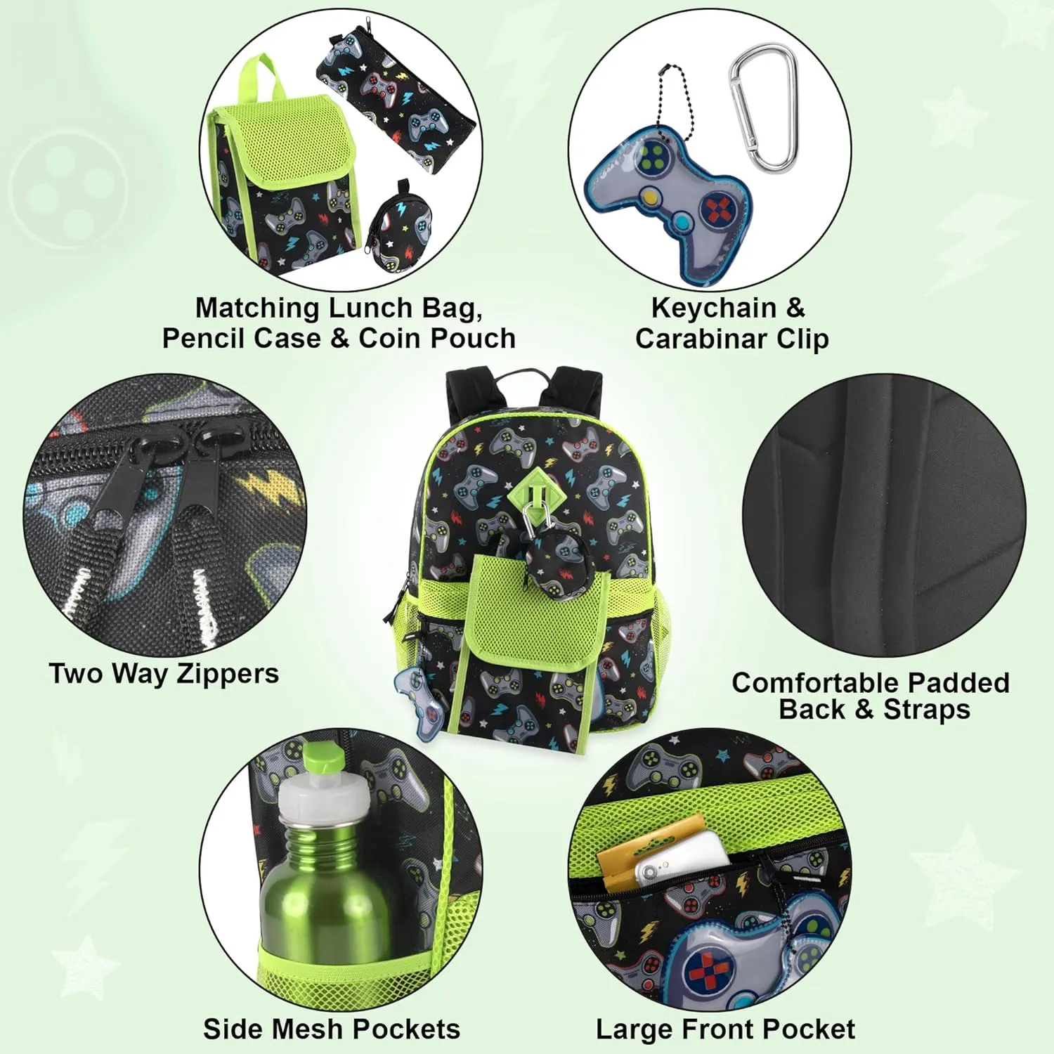 Trail maker Boys 6 in 1 School Backpack Set with Lunch Box, Pencil Case, Water Bottle, Keychain Attached (Ready Player)