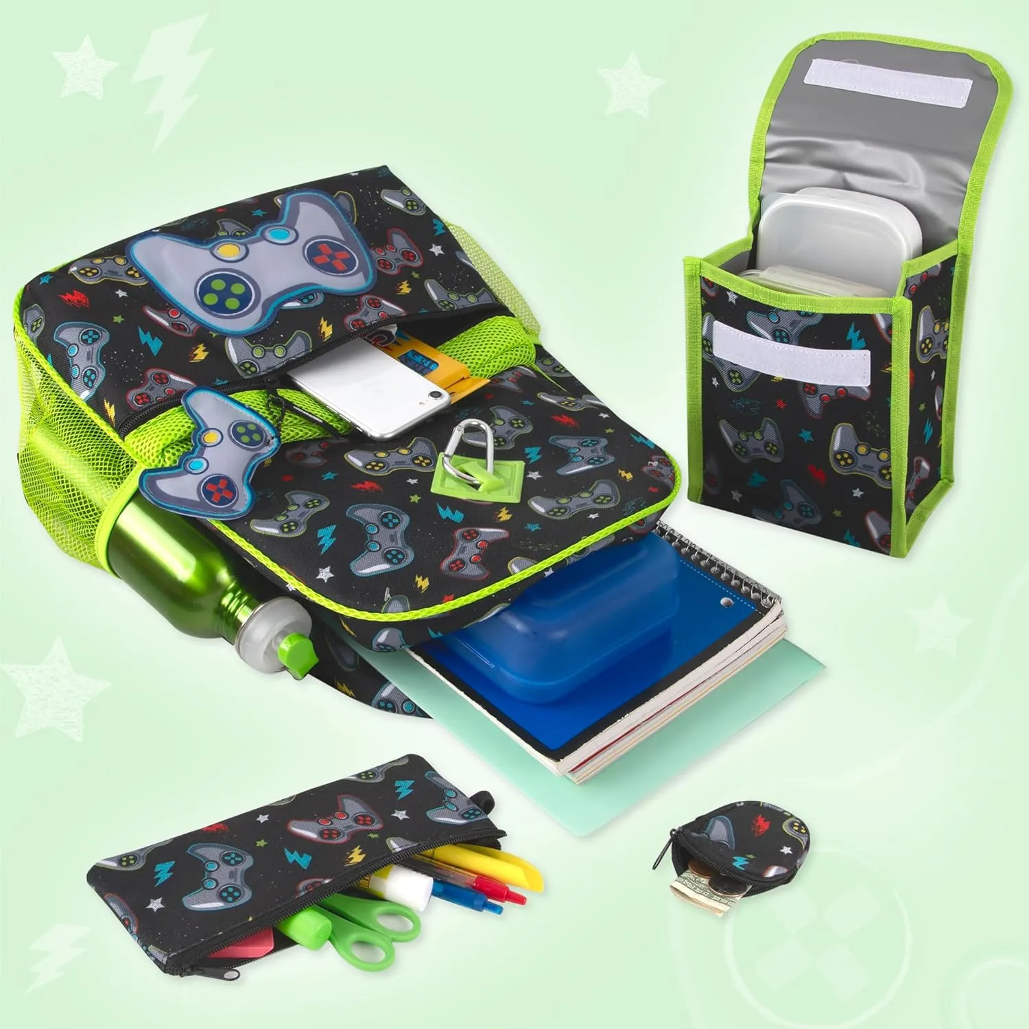 Trail maker Boys 6 in 1 School Backpack Set with Lunch Box, Pencil Case, Water Bottle, Keychain Attached (Ready Player)