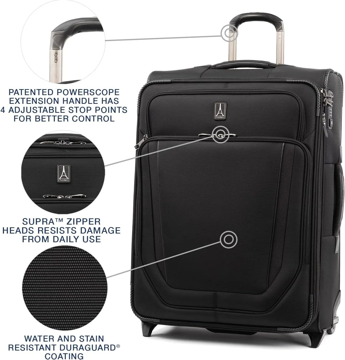 Travelpro Crew Versapack Softside Expandable 2 Wheel Upright Checked Luggage, TSA Lock, Built-in Fold-out Suiter, Men and Women, Jet Black, Checked Medium 26-Inch