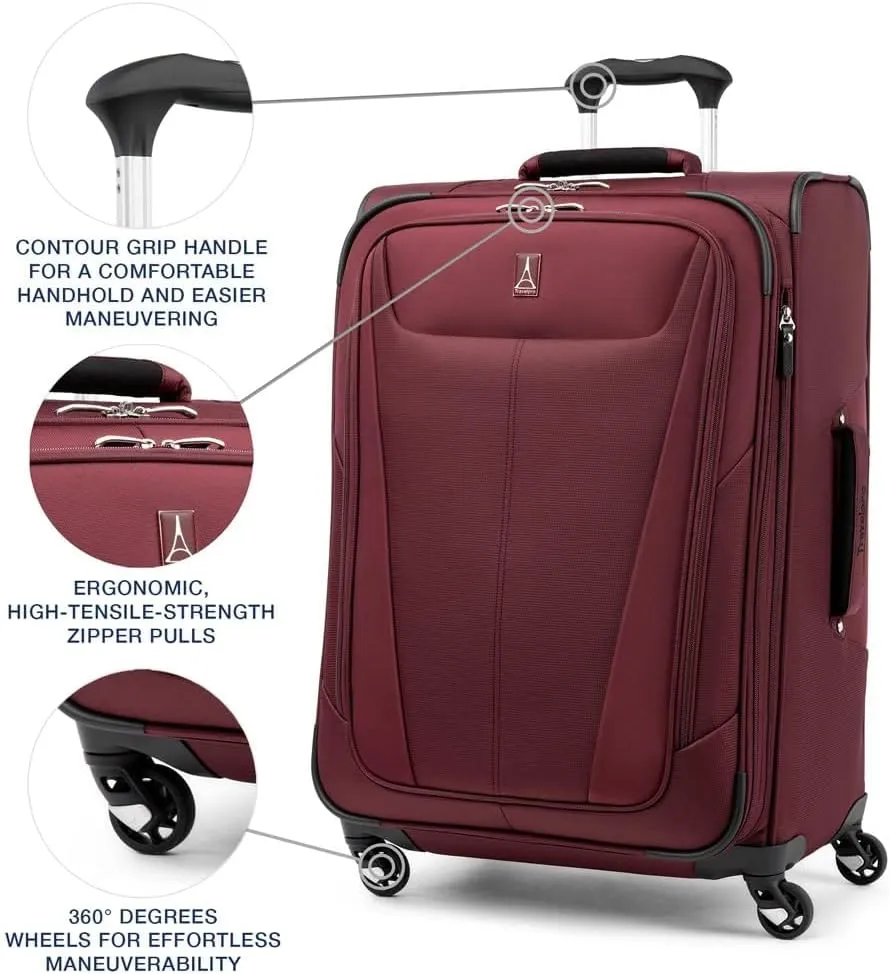 Travelpro Maxlite 5 Softside Expandable Checked Luggage with 4 Spinner Wheels, Lightweight Suitcase, Men and Women, Burgundy, Checked Medium 25-Inch