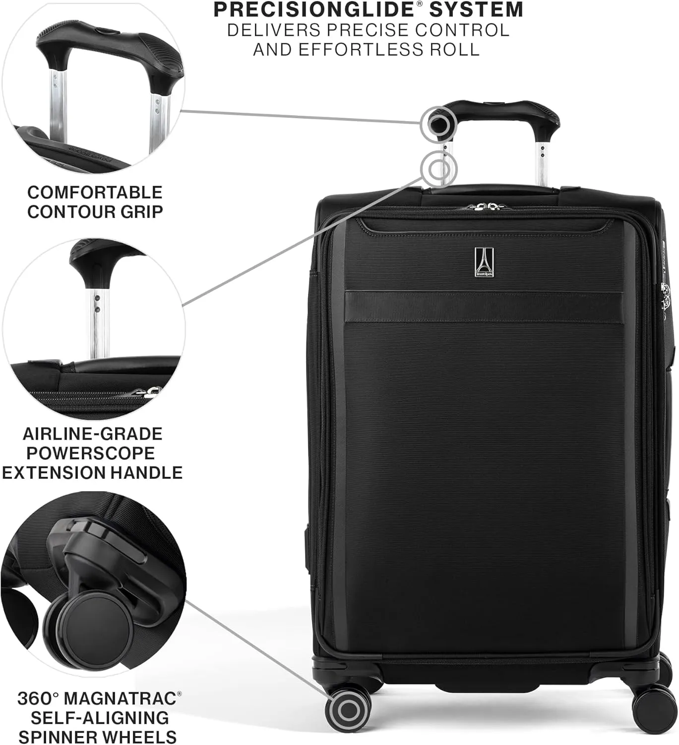 Travelpro VersaPack  Lightweight Softside Expandable Checked Luggage, 8 Spinner Suitcase, TSA Lock, Men and Women, Checked Medium 25-Inch, Black