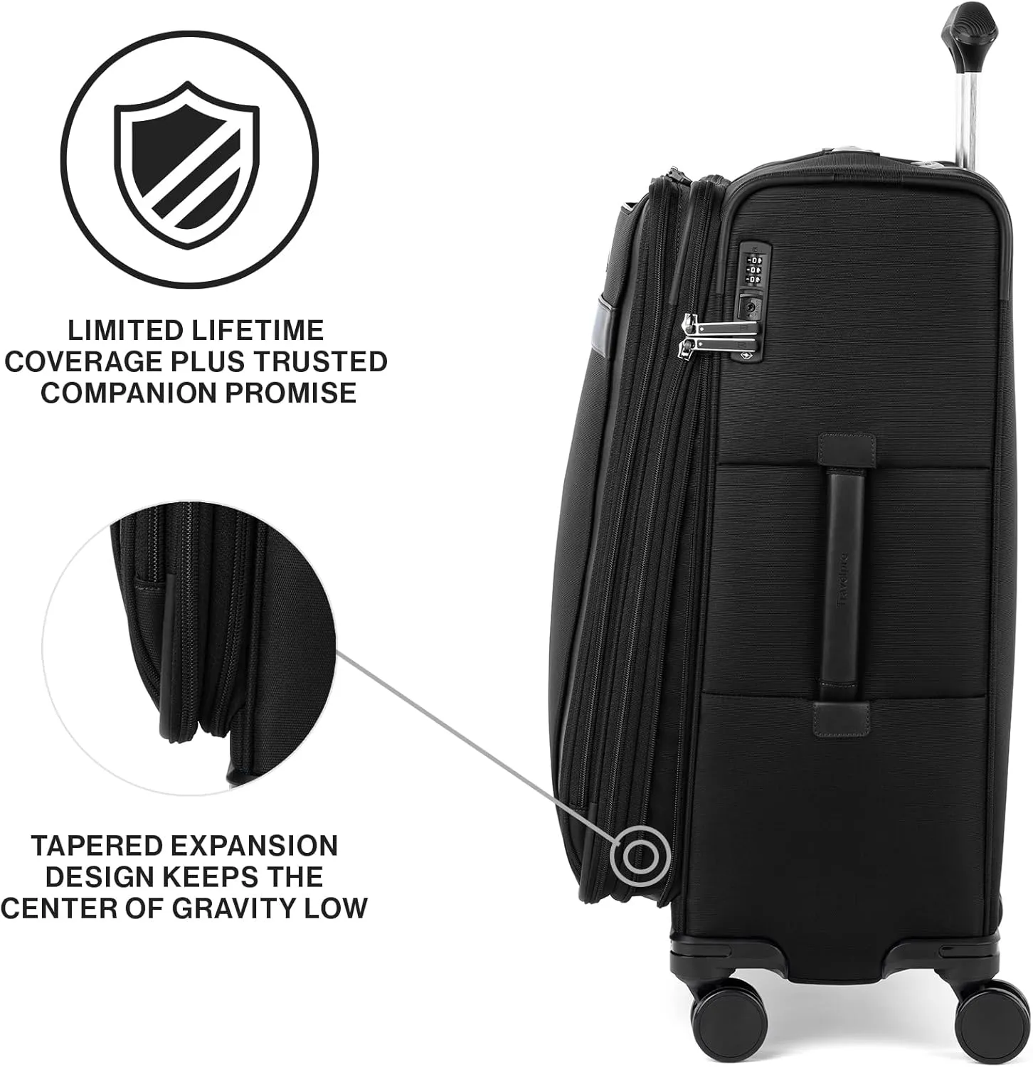 Travelpro VersaPack  Lightweight Softside Expandable Checked Luggage, 8 Spinner Suitcase, TSA Lock, Men and Women, Checked Medium 25-Inch, Black