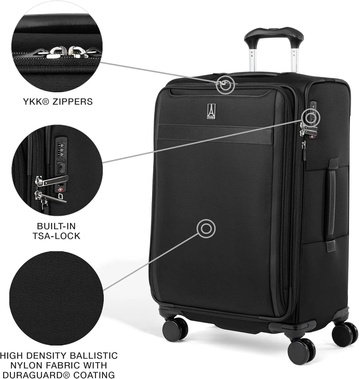 Travelpro VersaPack  Lightweight Softside Expandable Checked Luggage, 8 Spinner Suitcase, TSA Lock, Men and Women, Checked Medium 25-Inch, Black
