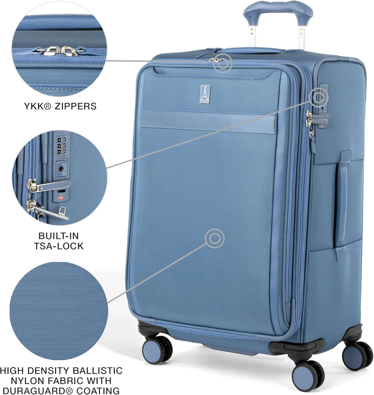 Travelpro VersaPack  Lightweight Softside Expandable Checked Luggage, 8 Spinner Suitcase, TSA Lock, Men and Women, Checked Medium 25-Inch, Elemental Blue