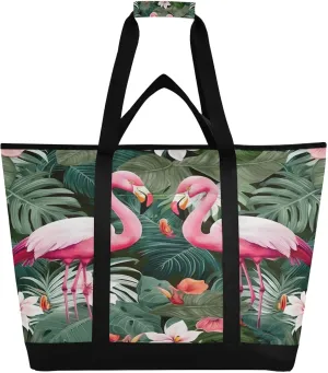 Tropical Flamingos Floral Reusable Insulated Lunchbox Cooler Bag, Leakproof Kitchen Grocery Bag Collapsible Portable Cooler Tote Bag for Picnic, Camping, Office, Travel