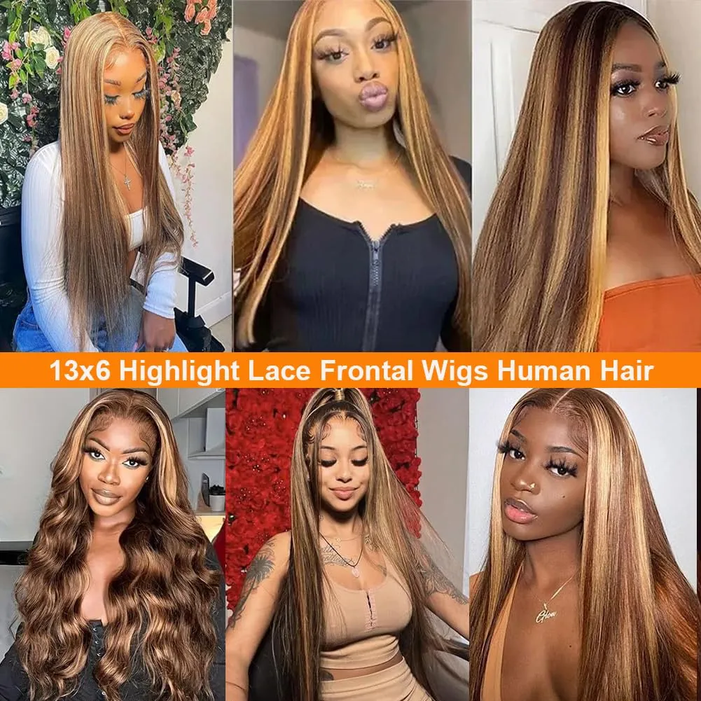 Tuneful 28 Inch 180 Density Honey Blonde Ombre 13X6 HD Lace Frontal Wig Human Hair Glueless Highlight 4/27 Colored Straight Lace Front Wigs Human Hair Pre Plucked for Women