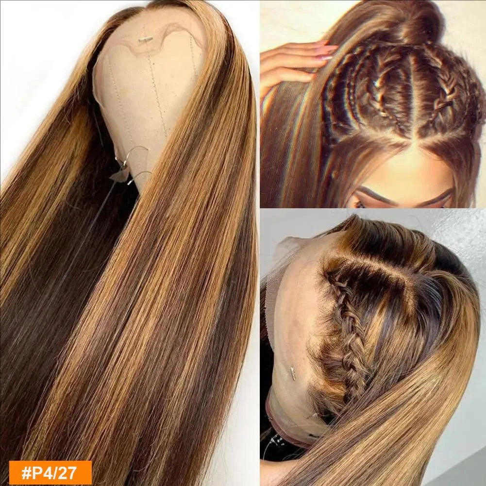 Tuneful 28 Inch 180 Density Honey Blonde Ombre 13X6 HD Lace Frontal Wig Human Hair Glueless Highlight 4/27 Colored Straight Lace Front Wigs Human Hair Pre Plucked for Women
