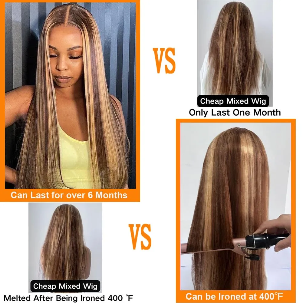 Tuneful 28 Inch 180 Density Honey Blonde Ombre 13X6 HD Lace Frontal Wig Human Hair Glueless Highlight 4/27 Colored Straight Lace Front Wigs Human Hair Pre Plucked for Women