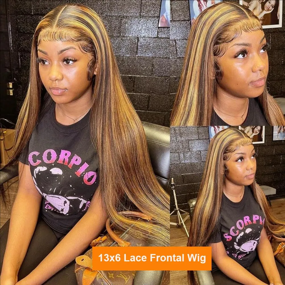 Tuneful 28 Inch 180 Density Honey Blonde Ombre 13X6 HD Lace Frontal Wig Human Hair Glueless Highlight 4/27 Colored Straight Lace Front Wigs Human Hair Pre Plucked for Women