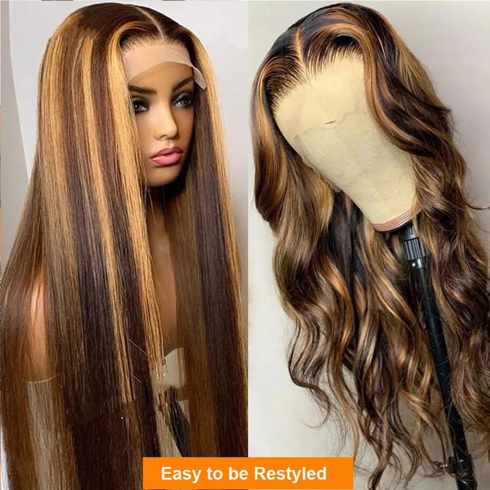 Tuneful 28 Inch 180 Density Honey Blonde Ombre 13X6 HD Lace Frontal Wig Human Hair Glueless Highlight 4/27 Colored Straight Lace Front Wigs Human Hair Pre Plucked for Women