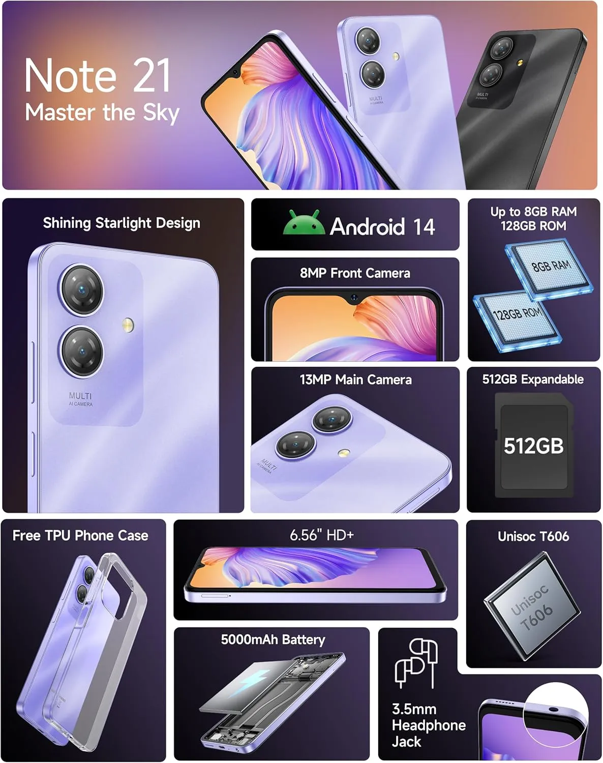 Ulefone Note 21 Phone Unlocked, 8GB 128GB, 8-Core, 6.56" HD  90Hz Display, Android 14, 13MP AI Camera, 5000mAh Battery, Dual 4G LTE, Fingerprint/Face Unlocked Cell Phone, Widevine L1, GPS, Purple