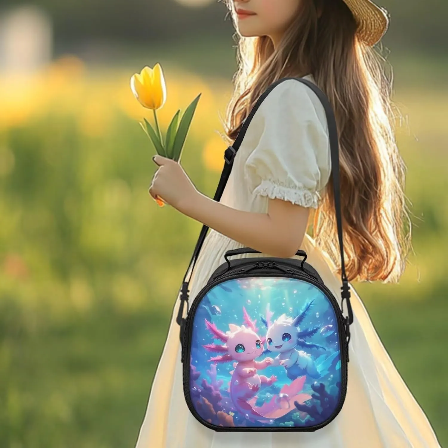 Under the Sea Axolotl Lunch Bag Reusable Lunch Pail Bag for Girls Small Food Container Leakproof Insulated Lunchbox Tote with Adjustable Shoulder Strap for School Beach