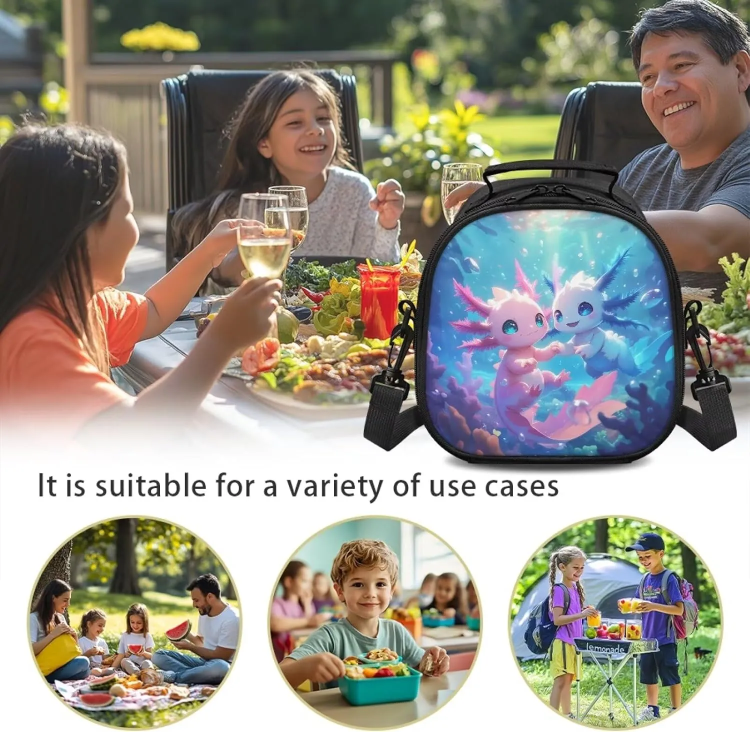 Under the Sea Axolotl Lunch Bag Reusable Lunch Pail Bag for Girls Small Food Container Leakproof Insulated Lunchbox Tote with Adjustable Shoulder Strap for School Beach