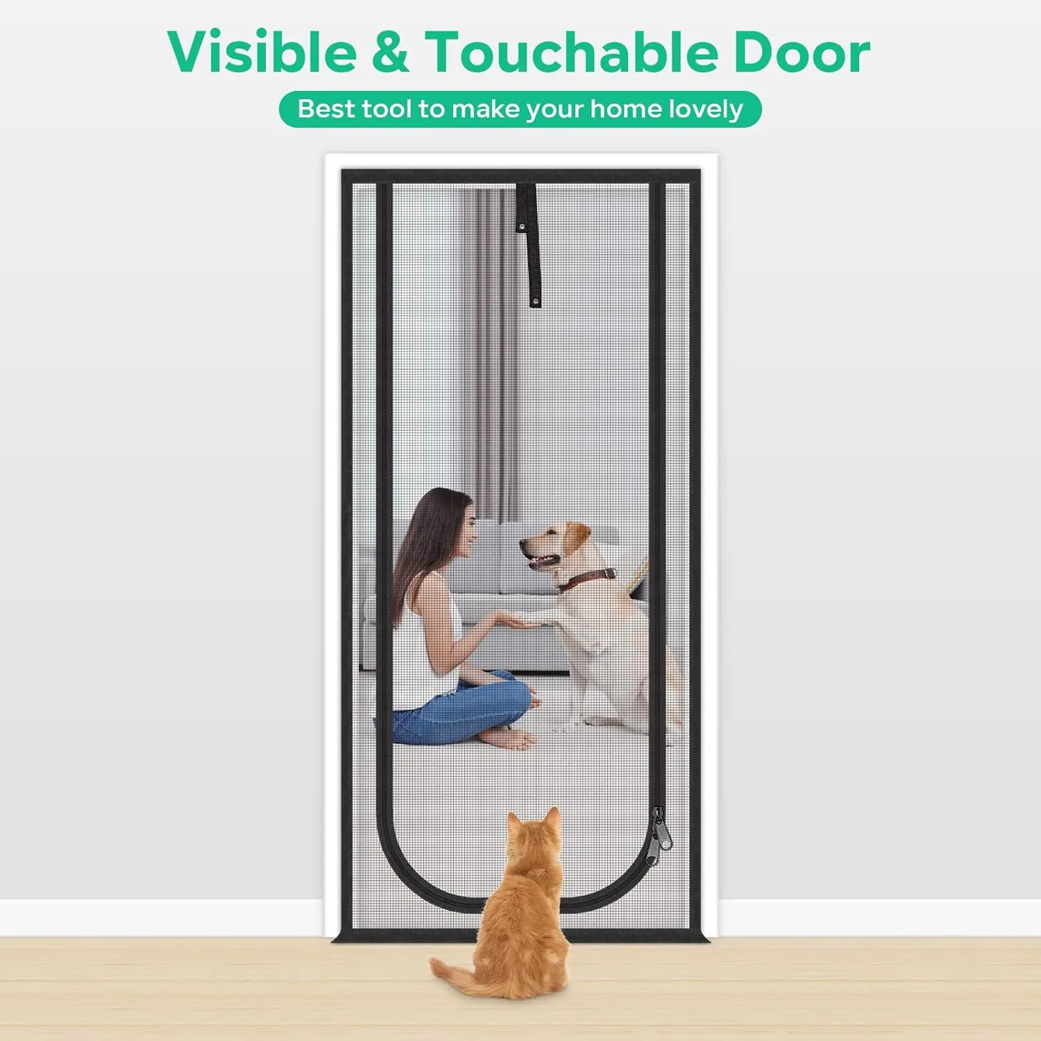 Upgraded Reinforced Cat Screen Door, 38x83'' Heavy Duty Pets Proof Screen Door with Two Way Zips, Prevent Dogs Cats Running Out from Home, Bedroom, Living Room, Kitchen Patio Door