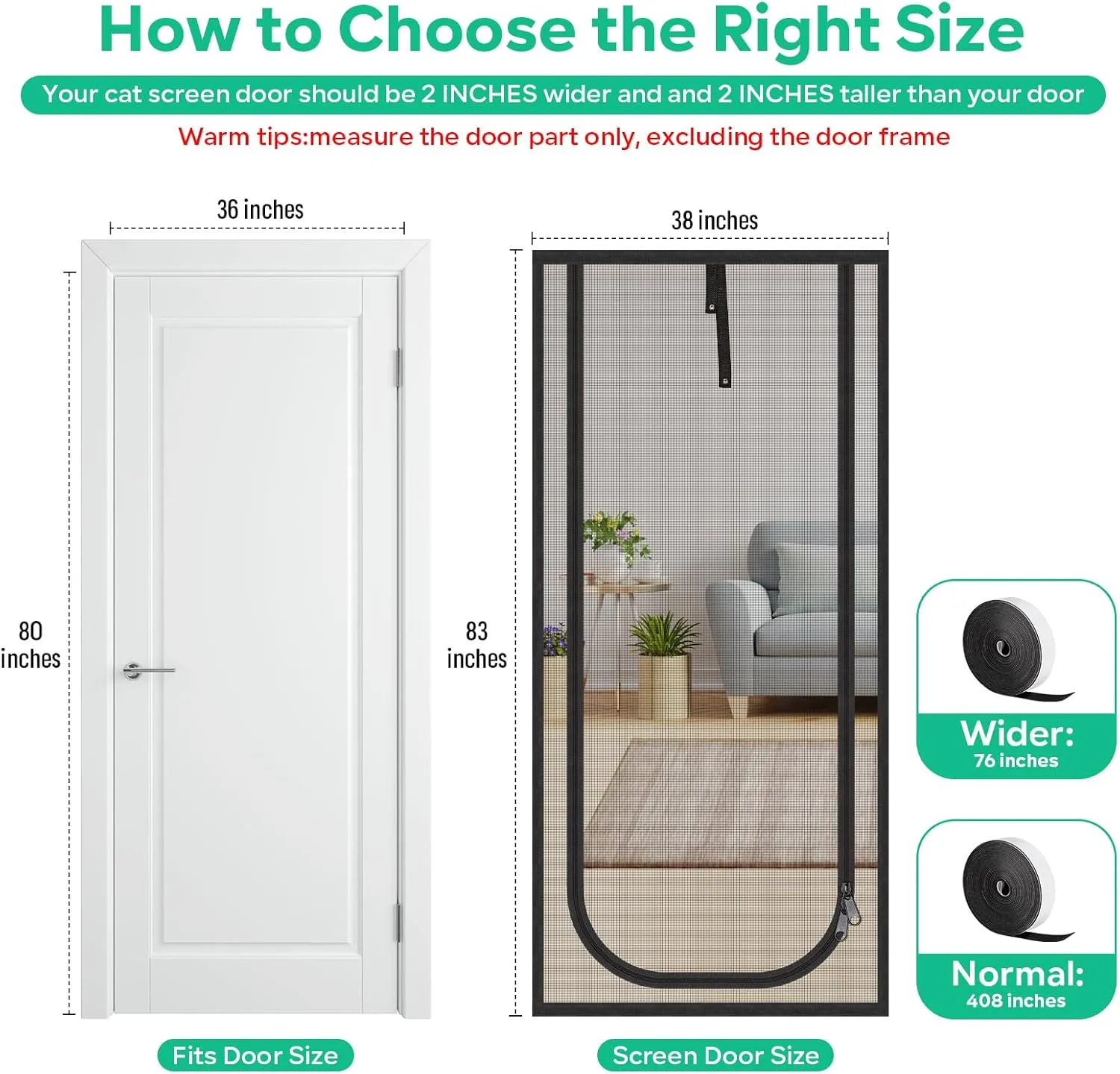Upgraded Reinforced Cat Screen Door, 38x83'' Heavy Duty Pets Proof Screen Door with Two Way Zips, Prevent Dogs Cats Running Out from Home, Bedroom, Living Room, Kitchen Patio Door