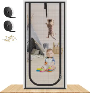 Upgraded Reinforced Cat Screen Door, 38x83'' Heavy Duty Pets Proof Screen Door with Two Way Zips, Prevent Dogs Cats Running Out from Home, Bedroom, Living Room, Kitchen Patio Door
