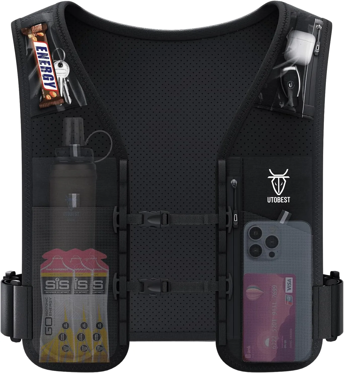 UTOBEST Running Vest for Women Men, Reflective Hydration Vest,5L Phone Holder with Adjustable Belt & Ample Storage Black only Vest