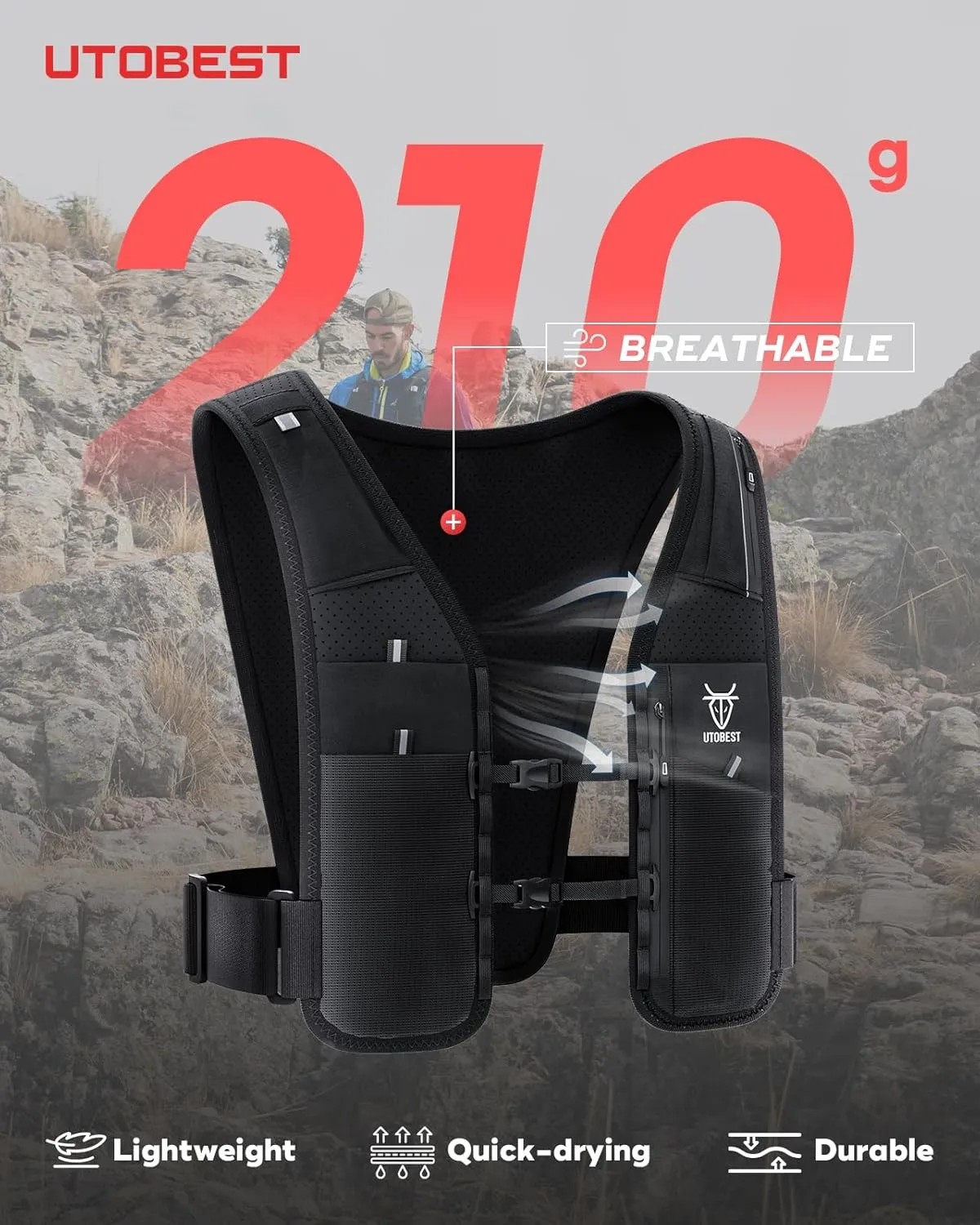 UTOBEST Running Vest for Women Men, Reflective Hydration Vest,5L Phone Holder with Adjustable Belt & Ample Storage Black only Vest