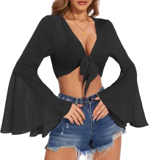 V Neck Bell Sleeve Tops for Women Tie Front Long Sleeve Blouse Sheer Mesh Crop Rave Top