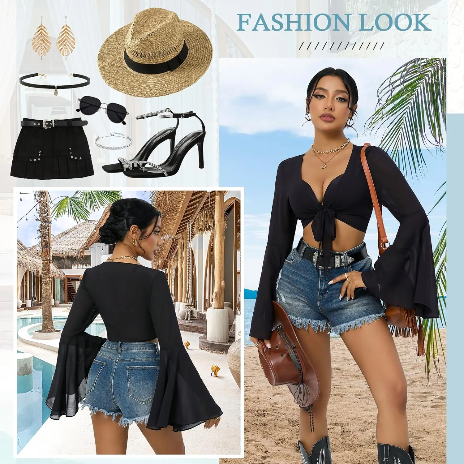 V Neck Bell Sleeve Tops for Women Tie Front Long Sleeve Blouse Sheer Mesh Crop Rave Top