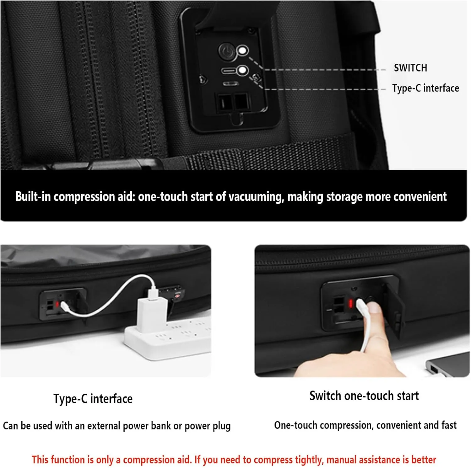 Vacuum Backpack Travel, Airback Vacuum Compression Travel Backpack Built-in Compression Aid 60L Expandable vacpack Water Resistant TSA Lock With 20W Foldable Solar Panel (Black01)