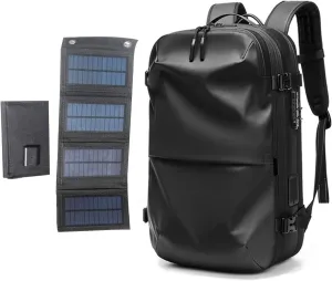 Vacuum Backpack Travel, Airback Vacuum Compression Travel Backpack Built-in Compression Aid 60L Expandable vacpack Water Resistant TSA Lock With 20W Foldable Solar Panel (Black01)